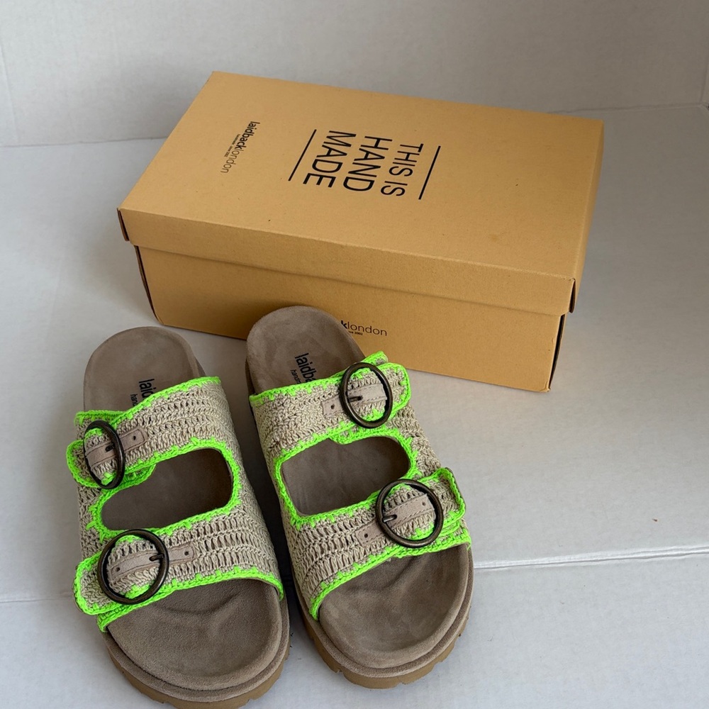 Laidback London NWT  Handwoven Crochet Double-Buckle Sandals Neon Green
Sz 39